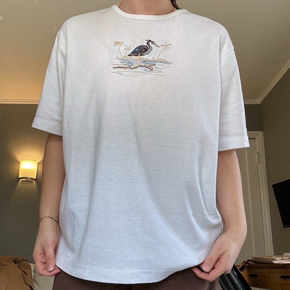 Vintage BonWorth White Short Sleeve Tee with Embroidered Heron